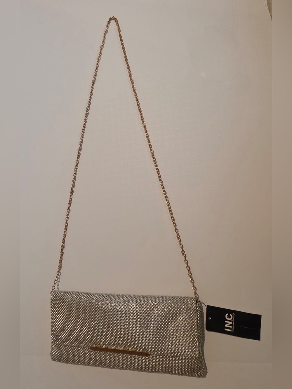 INC International Concepts Silver Mesh Clutch with Gold Chain